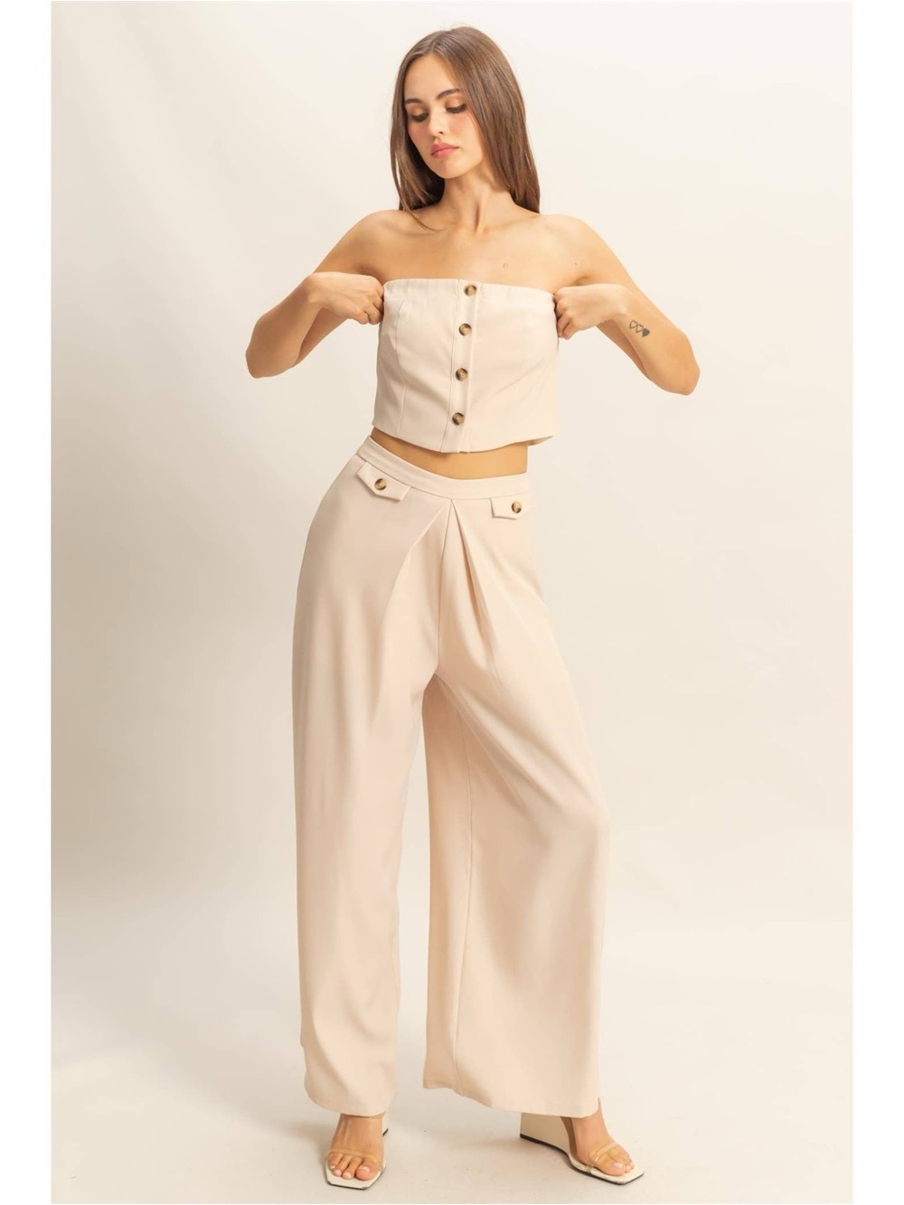 Strapless top & Wide-Leg High-Waist Pants set -Beige